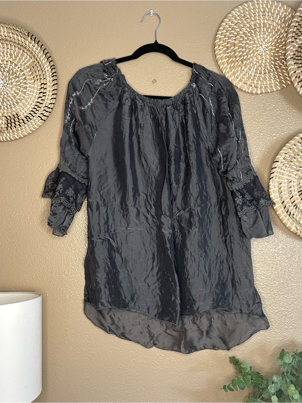 Tempo Paris Dark Gray Sheer Peasant Tunic